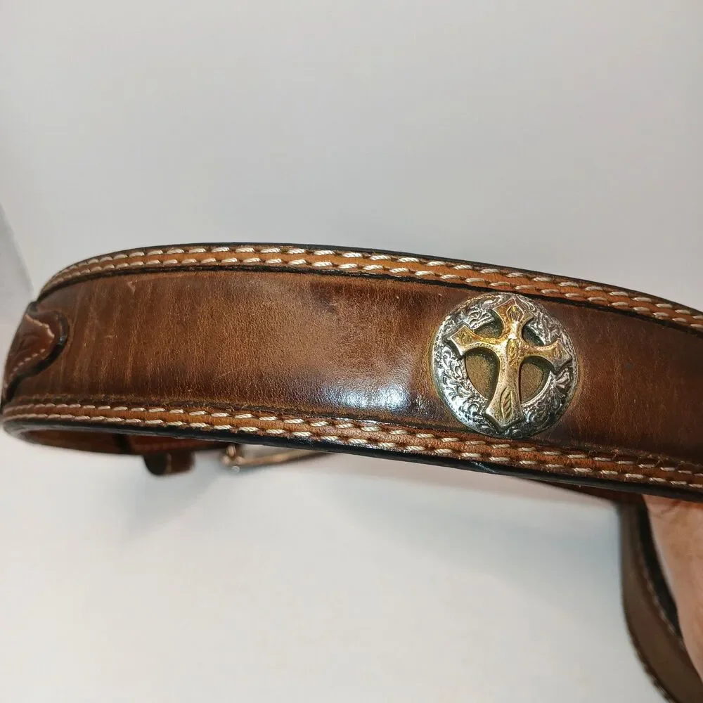 3D Belt Mens Size 40 Brown Hand Tooled Western Concho Cross Studded